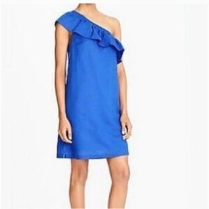 Jcrew Factory blue one shoulder ruffle dress in linen
